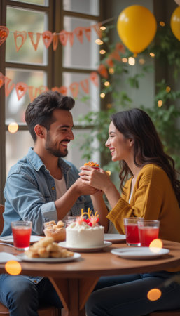 A happy couple, a man and a woman, are gazing into each others eyes while holding hands over a beautifully decorated table filled with delicious treats. The warm atmosphere is enhanced by colorful balloons and festive decorations, creating a perfect backdrop for their intimate celebration.の素材