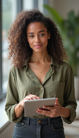 A young woman with beautiful curly hair stands confidently in a bright, modern workspace, holding a tablet. Her stylish olive green shirt and warm smile radiate professionalism and approachability, making her the perfect embodiment of contemporary work culture.の素材