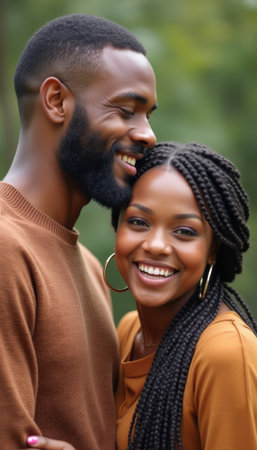 A happy couple stands close together, radiating love and joy in a lush green outdoor setting. The man, with a well-groomed beard, leans in affectionately, while the woman beams with a bright smile, showcasing their deep connection and happiness.の素材
