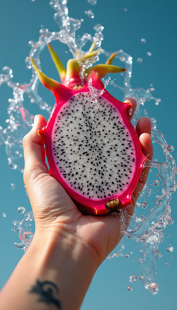 A hand holds a vibrant pink dragon fruit, its white flesh dotted with black seeds, as water splashes around it against a clear blue sky. This refreshing image captures the essence of tropical delight, evoking feelings of summer and vitality.の素材