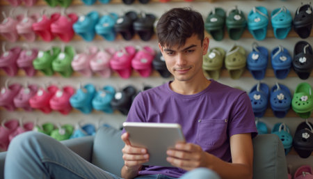 A young man with dark hair sits comfortably on a couch, engrossed in his tablet, surrounded by a vibrant display of colorful shoes. The playful atmosphere, highlighted by the bright hues of the footwear, creates a lively backdrop that enhances the boys relaxed demeanor.の素材