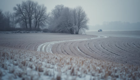 A serene winter scene captures a frosted field with gentle curves leading to a distant vehicle, surrounded by bare trees. The tranquil atmosphere evokes a sense of solitude and peacefulness, highlighting the beauty of nature in its winter slumber.の素材