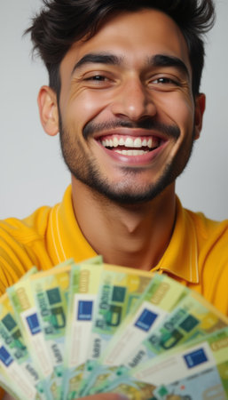 A cheerful young man with a bright smile proudly displays a fan of cash in his hands, showcasing his excitement and success. His vibrant yellow shirt adds to the lively atmosphere, emphasizing the joy of financial achievement.の素材