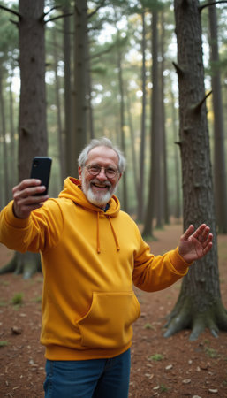 An elderly man with a joyful smile is taking a selfie in a tranquil forest, surrounded by tall trees. His bright yellow hoodie contrasts beautifully with the earthy tones of the forest, creating a vibrant and uplifting atmosphere.の素材