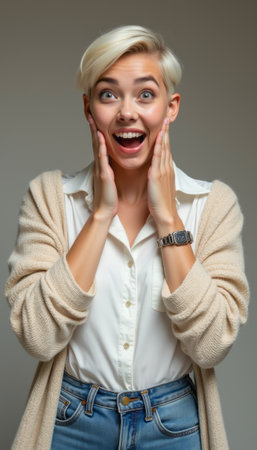 A young woman with short blonde hair beams with excitement, her hands on her cheeks in a gesture of surprise. The soft lighting highlights her joyful expression, creating an atmosphere of pure happiness and delight.の素材
