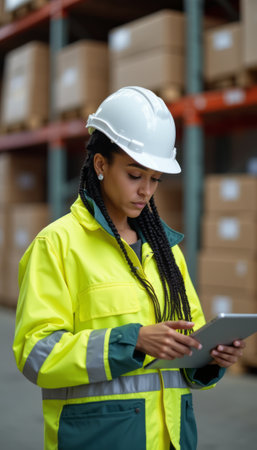 A dedicated young woman in a vibrant yellow safety jacket and hard hat is intently using a tablet in a warehouse filled with stacked boxes. Her concentration reflects the importance of technology in modern logistics, showcasing a blend of safety and efficiency in the workplace.の素材