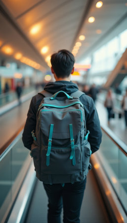 A young man with a stylish backpack strides confidently along an airport moving walkway, surrounded by a bustling travel atmosphere. The image captures the essence of adventure and exploration, highlighting the excitement of travel as he navigates through the modern airport environment.の素材