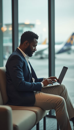 A professional Black man sits in an airport lounge, intently typing on his laptop, with airplanes visible through the large windows behind him. The scene captures the essence of modern travel, blending productivity with the anticipation of adventure.の素材