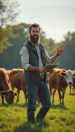A smiling man with a beard stands confidently in a vibrant green pasture, surrounded by grazing cows. His casual attire and clipboard suggest he is actively managing the farm, embodying the spirit of modern agriculture and connection to nature.の素材