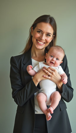 A smiling woman in a stylish black suit cradles her cute baby, radiating warmth and love. The image captures a beautiful moment of motherhood, showcasing the bond between a mother and her child against a soft green backdrop.の素材