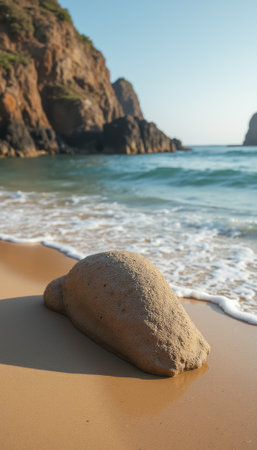 A smooth, rounded rock rests on the golden sand, kissed by gentle waves under a clear blue sky. The tranquil atmosphere evokes a sense of peace and connection to nature, highlighting the beauty of coastal landscapes.の素材