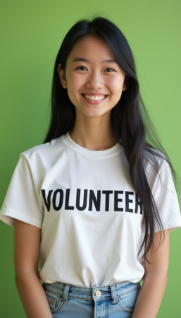 A smiling young Asian woman wearing a white VOLUNTEER t-shirt stands confidently in front of a bright green backdrop. Her joyful expression radiates positivity and commitment to community service, embodying the spirit of giving back.の素材