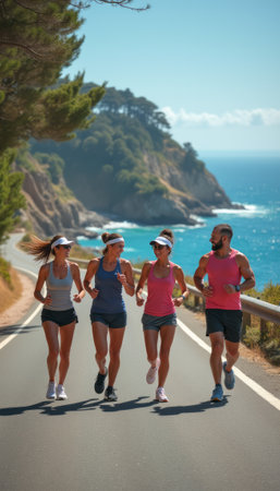 A vibrant group of four friends, two men and two women, jog together on a picturesque coastal road, surrounded by stunning ocean views. Their energetic expressions and colorful athletic wear reflect a spirit of camaraderie and fitness, making this image perfect for promoting an active lifestyle.の素材