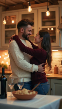 A joyful couple shares a warm embrace in a beautifully lit kitchen, surrounded by soft, glowing lights. Their expressions radiate love and happiness, creating an intimate atmosphere perfect for a romantic evening.の素材