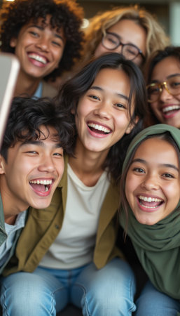 A vibrant group of six diverse young adults, including men and women, are captured in a moment of pure joy, smiling widely at the camera. Their expressions radiate happiness and camaraderie, showcasing a beautiful blend of cultures and styles, with one wearing a hijab, reflecting unity and friendship.の素材