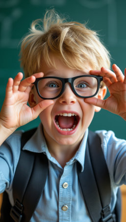A cheerful young boy with tousled blonde hair and glasses is joyfully shouting, showcasing his excitement. His bright blue eyes sparkle with enthusiasm as he poses with a backpack, embodying the spirit of childhood wonder and discovery.の素材