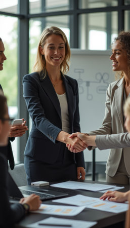 A confident woman in a tailored suit shakes hands with a colleague, symbolizing a successful business partnership. The scene captures the essence of teamwork and collaboration in a sleek, contemporary office environment.の素材