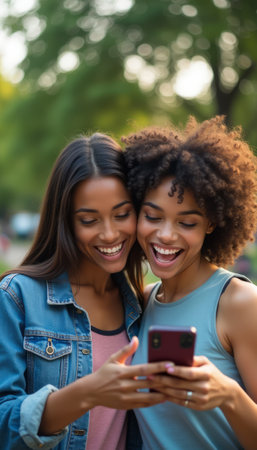 Two young women, one with long straight hair and the other with curly hair, are smiling together while looking at a smartphone in a sunlit park. Their expressions radiate happiness and connection, capturing the essence of friendship and shared experiences in a vibrant outdoor setting.の素材