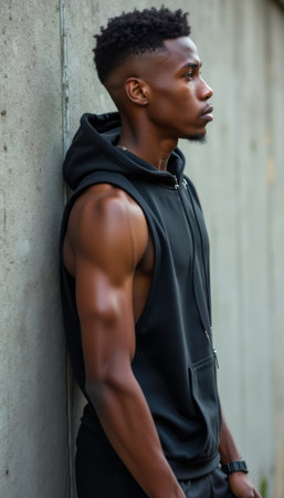 A muscular young Black man stands confidently against a textured concrete wall, showcasing his toned physique. His focused expression and athletic attire convey strength and determination, embodying a modern urban vibe.の素材