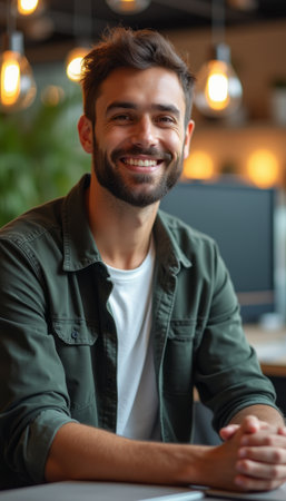 A cheerful young man with a well-groomed beard sits confidently in a stylish office, radiating positivity. His warm smile and relaxed posture create an inviting atmosphere, perfect for collaboration and creativity.の素材
