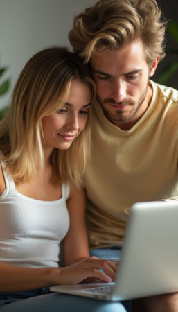A young couple, a man and a woman, are closely seated together, focused on a laptop screen. Their intimate connection is highlighted by their gentle expressions and the warm, cozy atmosphere surrounding them.の素材