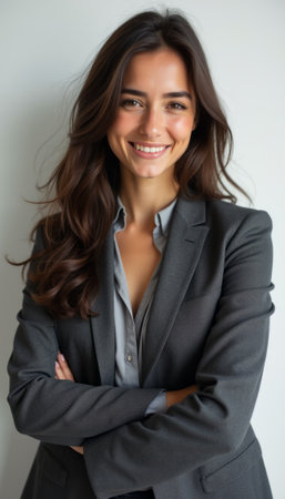 A young woman with long, flowing hair stands confidently in a tailored gray suit, exuding professionalism and warmth. Her bright smile and crossed arms convey a sense of self-assurance and approachability, perfect for corporate or personal branding.の素材