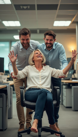 A cheerful woman sits in a rolling office chair, her arms raised in delight, flanked by two smiling men. This lively scene captures the essence of teamwork and camaraderie in a modern office environment, radiating positivity and joy.の素材