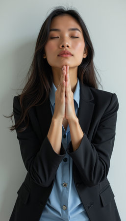 A serene young Asian woman in a black blazer and light blue shirt is seen with her eyes closed, hands pressed together in a prayer gesture. This image captures a moment of tranquility and reflection, embodying a sense of peace and mindfulness in a professional setting.の素材
