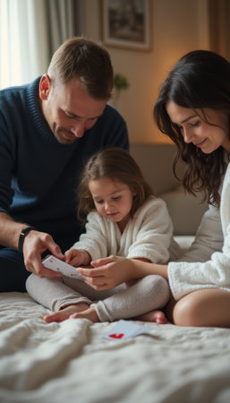A joyful family moment unfolds as a father, mother, and their young daughter engage in a card game on a cozy bed. The warmth of their connection radiates through their smiles and shared laughter, creating a heartwarming scene of togetherness.の素材