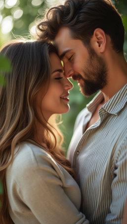 A young couple shares a tender moment, their foreheads touching amidst a backdrop of vibrant greenery. The soft sunlight filters through the leaves, creating a romantic atmosphere that highlights their deep connection and affection.の素材