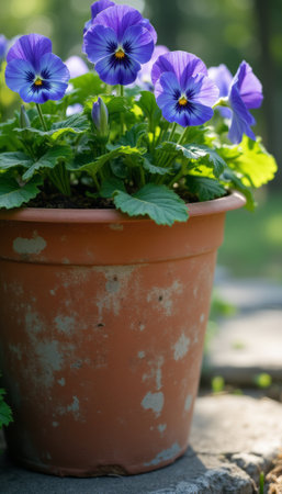 A charming terracotta pot brimming with vibrant purple pansies captures the essence of spring. The delicate flowers, with their striking colors, evoke feelings of joy and renewal, making this image perfect for nature lovers and gardening enthusiasts.の素材