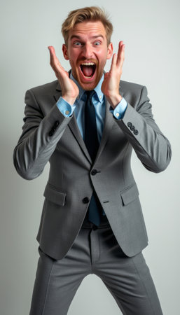 A young Caucasian man in a sharp gray suit expresses pure joy, his hands on his cheeks and mouth wide open in a cheerful shout. This vibrant image captures the essence of triumph and enthusiasm, perfect for conveying success and celebration in a professional context.の素材
