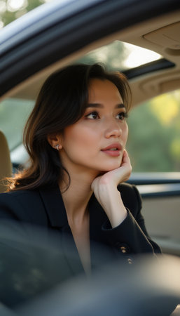 A thoughtful woman with long, dark hair rests her chin on her hand while gazing out of a car window, lost in contemplation. The soft sunlight filters through the trees, creating a serene atmosphere that enhances her pensive expression.の素材