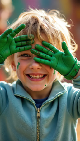 A cheerful young boy with tousled blonde hair playfully covers his eyes with his green-painted hands, radiating pure joy. His bright smile and the playful splashes of paint on his face capture the essence of childhood creativity and fun.の素材