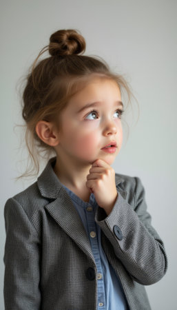 A young girl with a bun hairstyle gazes thoughtfully upward, dressed in a chic blazer and light blue shirt. Her expression captures curiosity and innocence, embodying the spirit of youthful exploration and imagination.の素材