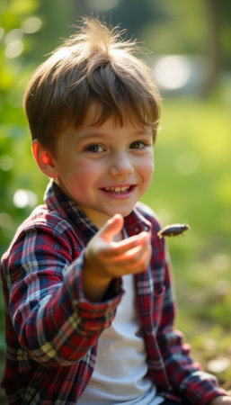 A cheerful young boy with tousled hair smiles brightly while holding a bug in his hand, surrounded by lush greenery. His playful spirit and curiosity shine through, capturing the essence of childhood exploration and joy in nature.の素材