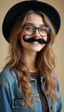A cheerful young woman with long, wavy hair wears a playful faux mustache and stylish glasses, exuding a fun and quirky vibe. Her denim jacket and wide-brimmed hat add to her trendy look, creating a lighthearted atmosphere perfect for social media or casual events.の素材