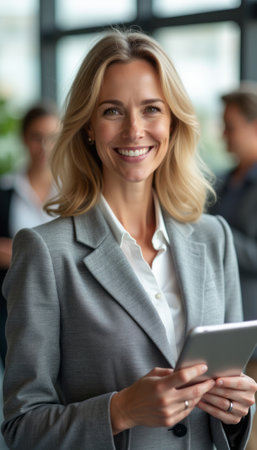 A poised businesswoman with long blonde hair smiles warmly while holding a tablet in a modern office setting. Her professional attire and bright demeanor exude confidence and approachability, making her a standout in the bustling corporate environment.の素材
