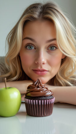 A young woman with flowing blonde hair gazes intently at a chocolate cupcake beside a vibrant green apple. Her expression radiates curiosity and joy, inviting viewers to indulge in the sweet moments of life.の素材