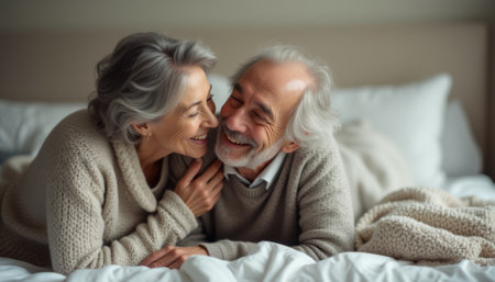 An affectionate elderly couple, both with silver hair, share a warm smile while lying on a soft bed, wrapped in a cozy blanket. Their loving gaze and gentle laughter create an atmosphere of intimacy and joy, celebrating the beauty of companionship in their golden years.の素材