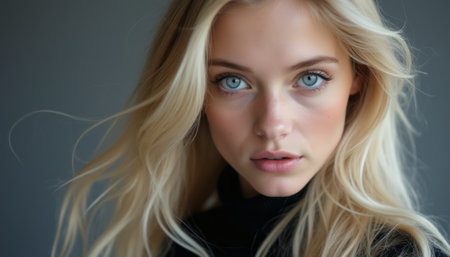 A striking portrait of a blonde woman with mesmerizing blue eyes, exuding confidence and beauty. Her flowing hair frames her face, enhancing the allure of her soft features and natural elegance.の素材