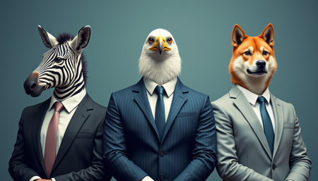 Three anthropomorphic animalsâzebra, eagle, and dogâwearing tailored suits stand confidently against a sleek blue background. This whimsical image blends professionalism with playful creativity, showcasing the unique personalities of each animal in a corporate setting.の素材