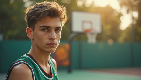 A focused young man in a green basketball jersey stands on the court, bathed in warm sunlight. His intense expression captures the passion and determination of youth, set against the backdrop of a basketball hoop and vibrant greenery.の素材