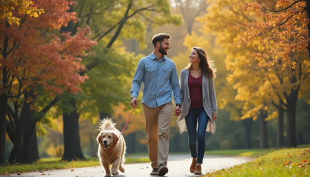 A joyful couple strolls hand in hand through a picturesque park adorned with autumn foliage. The golden retriever happily trots alongside them, embodying the warmth and love of this serene moment in nature.の素材