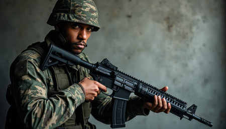A focused soldier, dressed in camouflage and tactical gear, aims a sleek black rifle with determination. The image captures the essence of strength and vigilance, highlighting the soldiers intense gaze and readiness for action.の素材