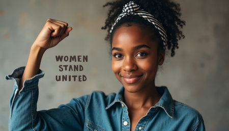 A confident young woman with curly hair and a striped headband raises her fist in a powerful gesture, symbolizing strength and unity. The warm, inviting background enhances the message of empowerment, making it a perfect representation of solidarity among women.の素材