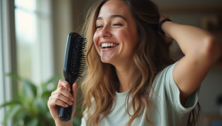 A cheerful young woman with long, wavy hair is brushing her hair while looking in the mirror, radiating happiness. The warm, natural light enhances her glowing smile, creating a cozy and uplifting atmosphere.の素材