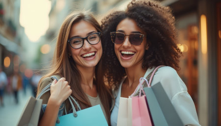 Two stylish women, one with long straight hair and glasses, and the other with curly hair, are beaming with happiness as they hold colorful shopping bags. Their vibrant smiles radiate excitement and friendship, capturing the essence of a fun day out in the city.の素材