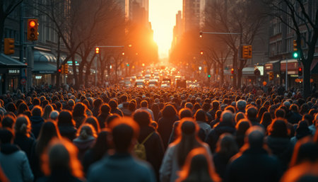 A vibrant crowd fills a busy city street as the golden sun sets, casting a warm glow over the scene. The image captures the energy of urban life, with people of diverse backgrounds moving together, illuminated by the enchanting light of dusk.の素材