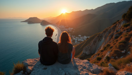 A young couple sits closely together on a rocky ledge, gazing at a breathtaking sunset over the ocean. The warm hues of orange and gold illuminate the sky, casting a romantic glow on the serene landscape, symbolizing love and tranquility.の素材